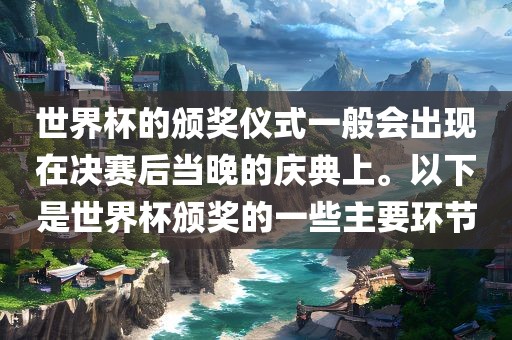 世界杯的颁奖仪式一般会出现在决赛后当晚的庆典上。以下是世界杯颁奖的一些主要环节