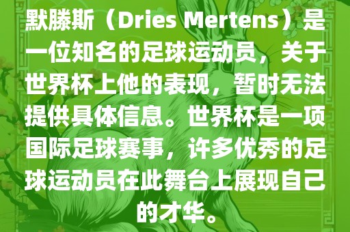 默滕斯（Dries Mertens）是一位知名的足球运动员，关于世界杯上他的表现，暂时无法提供具体信息。世界杯是一项国际足球赛事，许多优秀的足球运动员在此舞台上展现自己的才华。