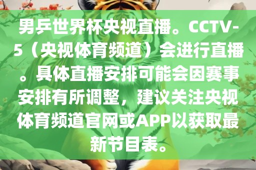 男乒世界杯央视直播。CCTV-5（央视体育频道）会进行直播。具体直播安排可能会因赛事安排有所调整，建议关注央视体育频道官网或APP以获取最新节目表。