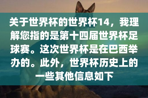关于世界杯的世界杯14，我理解您指的是第十四届世界杯足球赛。这次世界杯是在巴西举办的。此外，世界杯历史上的一些其他信息如下洪湖市顺升工程机械租赁有限公司