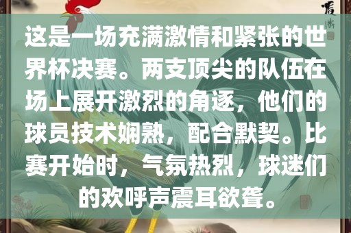 这是一场充满激情和紧张的世界杯决赛。两支顶尖的队伍洪湖市顺升工程机械租赁有限公司在场上展开激烈的角逐，他们的球员技术娴熟，配合默契。比赛开始时，气氛热烈，球迷们的欢呼声震耳欲聋。