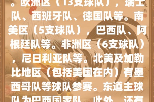 亚洲区（4支球队），澳大利亚队、日本队、韩国队和伊朗队。欧洲区（13支球队），瑞士队、西班牙队、德国队等。南美区（5支球队），巴西队、阿根廷队等。非洲区（6支球队），尼日利亚队等。北美及加勒比地区（包括美国在内）有墨西哥队等球队参赛。东道主球队为巴西国家队。此外，还有哥斯达黎加国家队也参与了此次世界杯比赛。