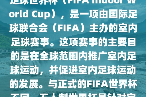 五人制世界杯，也被称为室内足球世界杯（FIFA Indoor World Cup），是一项由国际足球联合会（FIFA）主办的室内足球赛事。这项赛事的主要目的是在全球范围内推广室内足球运动，并促进室内足球运动的发展洪湖市顺升工程机械租赁有限公司。与正式的FIFA世界杯不同，五人制世界杯是针对室内足球的比赛。