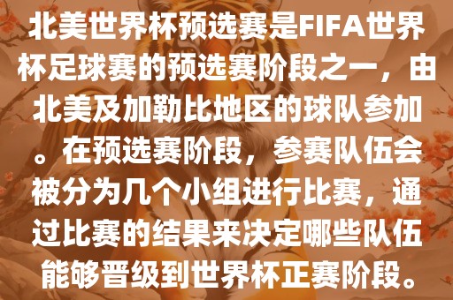 北美世界杯预选赛是FIFA世界杯足球赛的预选赛阶段之一，由北美及加勒比地区的球队参加。在预选赛阶段，参赛队伍会被分为几个小组进行比赛，通过比赛的结果来决定哪些队伍能够晋级到世界杯正赛阶段。