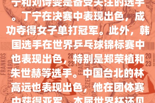 在男子单打项目中，马龙和张继科是夺冠热门选手。决赛中，马龙以较大的优势赢得了冠军，创造了他的个人世界杯最佳纪录。女子单打项目中，丁宁和刘诗雯是备受关注的选手。丁宁在决赛中表现出色，成功夺得女子单打冠军。此外，韩国选手在世界乒乓球锦标赛中也表现出色，特别是郑荣植和朱世赫等选手。中国台北的林高远也表现出色，他在团体赛中获得亚军。本届世界杯还见证了日本选手水谷隼的胜利，他在男子双打项目中表现出色。总的来说，本届乒乓球世界杯展现了各国选手的精湛技艺和激烈竞争。