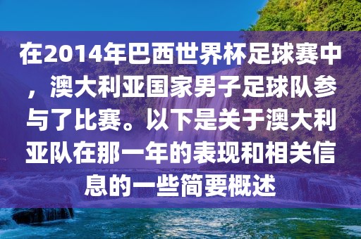在2014年巴西世界杯足球赛中，澳大利亚国家男子足球队参与了比赛。以下是关于澳大利亚队在那一年的表现和相关信息的一些简要概述洪湖市顺升工程机械租赁有限公司