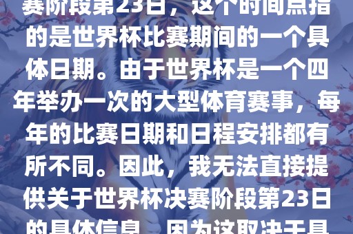 关于世界杯足球赛的世界杯决赛阶段第23日，这个时间点指的是世界杯比赛期间的一个具体日期。由于世界杯是一个四年举办一次的大型体育赛事，每年的比赛日期和日程安排都有所不同。因此，我无法直接提供关于世界杯决赛阶段第23日的具体信息，因为这取决于具体的年份和赛事日程安排。洪湖市顺升工程机械租赁有限公司