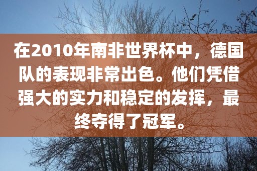 在2010年南非世界杯中，德国队的表现非常出色。他们凭借强大的实力和稳定的发挥，最终夺得了冠军。洪湖市顺升工程机械租赁有限公司