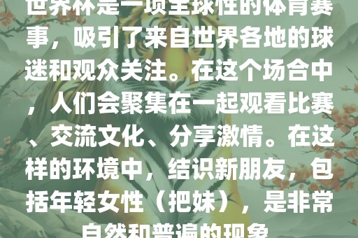 世界杯是一项全球性的体育赛事，吸引了来自世界各地的球迷和观众关注。在这个场合中，人们会聚集在一起观看比赛、交流文化、分享激情。在这样的环境中，结识新朋友，包括年轻女性（把妹），是非常自然和普遍的现象。洪湖市顺升工程机械租赁有限公司