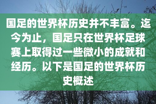 国足的世界杯历史并不丰富。迄今为止洪湖市顺升工程机械租赁有限公司，国足只在世界杯足球赛上取得过一些微小的成就和经历。以下是国足的世界杯历史概述