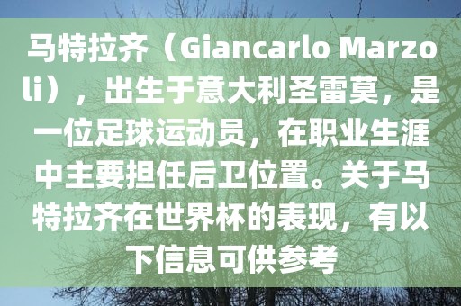 马特拉齐（Giancarlo Marzoli），出生于意大利圣雷莫，是一位足球运动员，在职业生涯中主要担任后卫位置。关于马特拉齐在世界杯的表现，有以下信息可供参考洪湖市顺升工程机械租赁有限公司