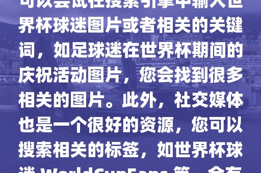 由于我无法直接提供图片，您可以尝试在搜索引擎中输入世界杯球迷图片或者相关的关键词，如足球迷在世界杯期间的庆祝活动图片，您会找到很多相关的图片。此外，社交媒体也是一个很好的资源，您可以搜索相关的标签，如世界杯球迷 WorldCupFans 等，会有很多相关的图片和视频。洪湖市顺升工程机械租赁有限公司