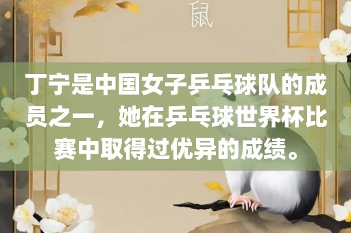 丁宁是中国女子乒乓球队的成员之一，她在乒乓球世界杯比赛中取得过优异的成绩。洪湖市顺升工程机械租赁有限公司