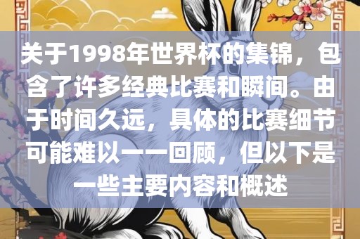关于1998年世界杯的集锦，包含了许多经典比赛和瞬间。由于时间久远，具体的比赛细节可能难以一一回顾，但以下是一些主要内容和概述洪湖市顺升工程机械租赁有限公司