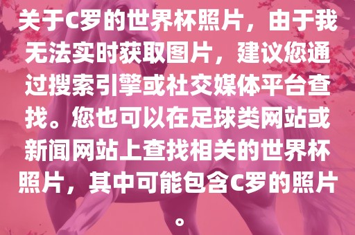 关于C罗的世界杯照片，由于我无法洪湖市顺升工程机械租赁有限公司实时获取图片，建议您通过搜索引擎或社交媒体平台查找。您也可以在足球类网站或新闻网站上查找相关的世界杯照片，其中可能包含C罗的照片。