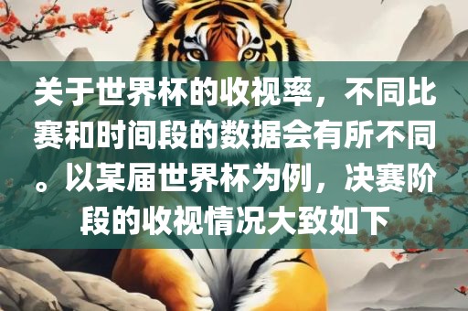关于世界杯的收视率，不同比赛和时间段的数据会有所不同。以某届世界杯为例，决赛阶段的收视情况大致如下