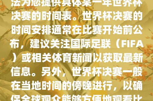 根据我所掌握的知识，暂时无法为您提供具体某一年世界杯决赛的时间表。世界杯决赛的时间安排通常在比赛开始前公布，建议关注国际足联（FIFA）或相关体育新闻以获取最新信息。另外，世界杯决赛一般在当地时间的傍晚进行，以确保全球观众能够方便地观看比赛。洪湖市顺升工程机械租赁有限公司