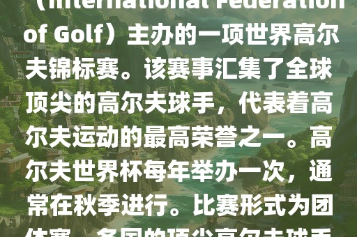 高尔夫世界杯（World Cup of Golf）是一项重要的国际高尔夫比赛，由国际高尔夫联合会（International Federation of Golf）主办的一项世界高尔夫锦标赛。该赛事汇集了全球顶尖的高尔夫球手，代表着高尔夫运动的最高荣誉之一。高尔夫世界杯每年举办一次，通常在秋季进行。比赛形式为团体赛，各国的顶尖高尔夫球手代表本国参赛，比赛地点会在全球各地的高尔夫球场之间轮换。