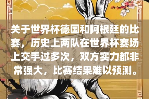 关于世界杯德国和阿根廷的比赛，历史上两队在世界杯赛场上交手过多次，双方实力都非常强大，比赛结果难以预测。洪湖市顺升工程机械租赁有限公司