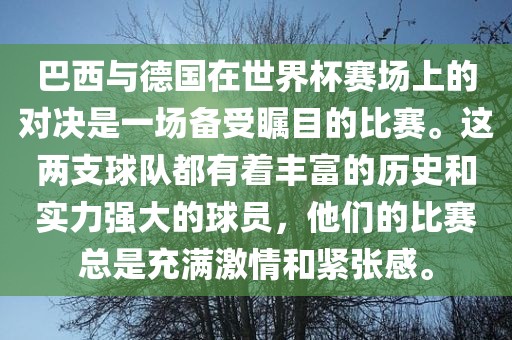 巴西与德国在世界杯赛场上的对决是一场备受瞩目的比赛。这两支球队都有着丰富的历史和实力强大的球员，他们的比赛总是充满激情和紧张感。洪湖市顺升工程机械租赁有限公司