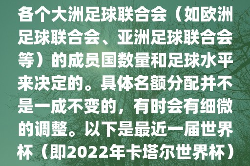 世界杯的名额分配通常是根据各个大洲足球联合会（如欧洲足球联合会、亚洲足球联合会等）的成员国数量和足球水平来决定的。具体名额分配并不是一成不变的，有时会有细微的调整。以下是最近一届世界杯（即2022年卡塔尔世界杯）各大洲的名额分配情况洪湖市顺升工程机械租赁有限公司