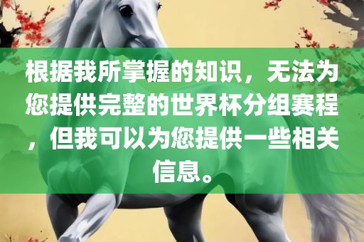 根据我所掌握的知识，无法为您提供完整的世界杯分组赛程，但我可以为您提供一些相关信息。