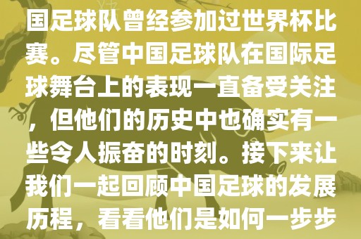 中国进过世界杯吗？是的，中国足球队曾经参加过世界杯比赛。尽管中国足球队在国际足球舞台上的表现一直备受关注，但他们的历史中也确实有一些令人振奋的时刻。接下来让我们一起回顾中国足球的发展历程，看看他们是如何一步步走向世界杯的。洪湖市顺升工程机械租赁有限公司