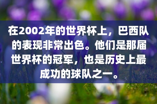在2002年的世界杯上，巴西队的表现非常出色。他们是那届世界杯的冠军，也是历史上最成功的球队之一。洪湖市顺升工程机械租赁有限公司