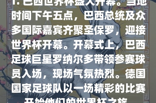 1. 巴西世界杯盛大开幕。当地时间下午五点，巴西总统及众多国际嘉宾齐聚圣保罗，迎接世界杯开幕。开幕式上，巴西足球巨星罗纳尔多带领参赛球员入场，现场气氛热烈。德国国家足球队以一场精彩的比赛开始他们的世界杯之旅。