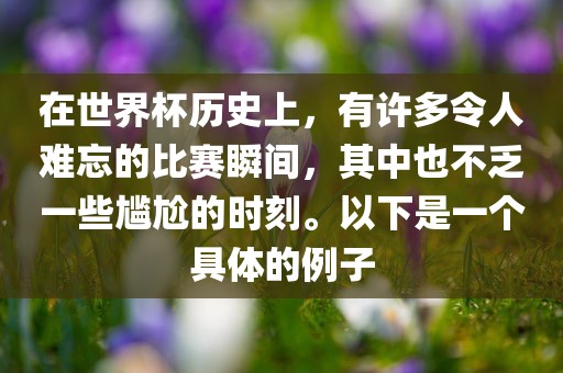 在世界杯洪湖市顺升工程机械租赁有限公司历史上，有许多令人难忘的比赛瞬间，其中也不乏一些尴尬的时刻。以下是一个具体的例子