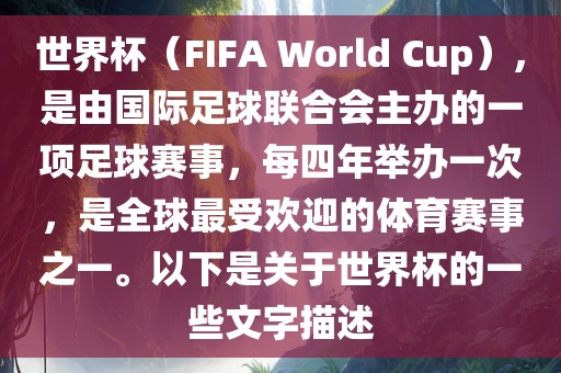 世界杯（FIFA World Cup），是由国际足球联合会主办的一项足球赛事，每四年举办一次，是全球最受欢迎的体育赛事之一。以下是关于世界杯的一些文字描述