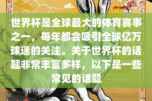 世界杯是全球最大的体育赛事之一，每年都会吸引全球亿万球迷的关注。关于世界杯的话题非常丰富多样，以下是一些常见的话题洪湖市顺升工程机械租赁有限公司