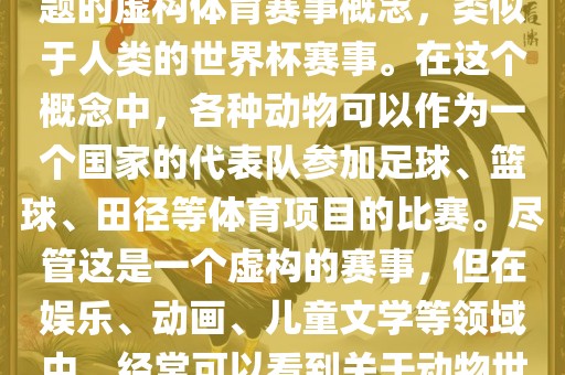 动物世界杯是一个以动物为主题的虚构体育赛事概念，类似于人类的世界杯赛事。在这个概念中，各种动物可以作为一个国家的代表队参加足球、篮球、田径等体育项目的比赛。尽管这是一个虚构的赛事，但在娱乐、动画、儿童文学等领域中，经常可以看到关于动物世界杯的故事和情节。