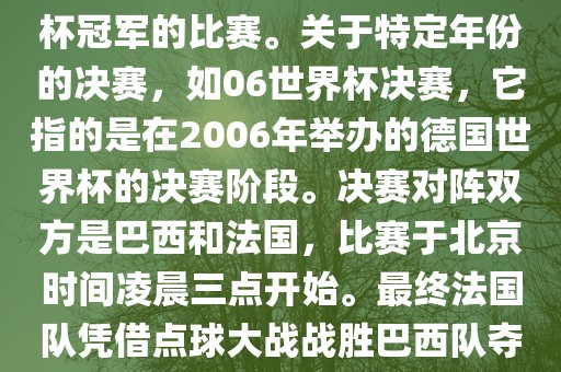 在世界杯历史上，决赛一般指的是小组赛后的最后一场比赛，决定哪支队伍能够赢得世界杯冠军的比赛。关于特定年份的决赛，如06世界杯决赛，它指的是在2006年举办的德国世界杯的决赛阶段。决赛对阵双方是巴西和法国，比赛于北京时间凌晨三点开始。最终法国队凭借点球大战战胜巴西队夺得冠军。如需洪湖市顺升工程机械租赁有限公司更多信息，可以关注FIFA官网发布的世界杯决赛相关内容。