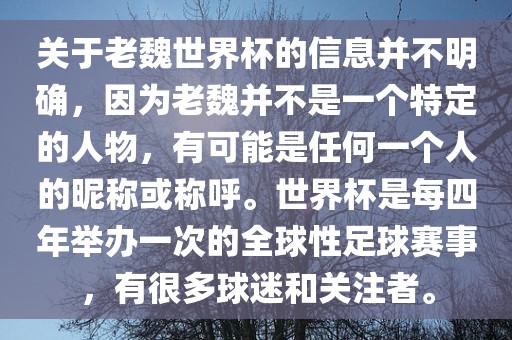 关于老魏世界杯的信息并不明确，因为老魏并不是一个特定的人物，有可能是任何一个人的昵称或称呼。世界杯是每四年举办一次的全球性足球赛事，有很多球迷和关注者。洪湖市顺升工程机械租赁有限公司
