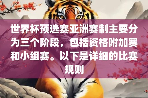 世界杯预选赛亚洲赛制主要分为三个阶段，包括资格附加赛和小组赛。以下是详细的比赛规则