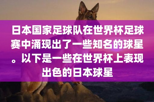 日本国家足球队在世界杯足球赛中涌现出了一些知名的球星。以下是一些在世界杯上表现出色的日本球星
