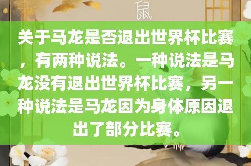 关于马龙是否退出世界杯比赛，有两种说法。一种说法是马龙没有退出世界杯比赛，另一种说法是马龙因为身体原因退出了部分比赛。洪湖市顺升工程机械租赁有限公司