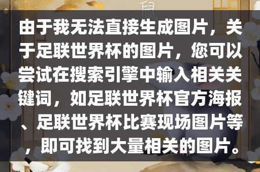 由于我无法直接生成图片，关于足联世界杯的图片，您可以尝试在搜索引擎中输入相关关键词，如足联世界杯官方海报、足联世界杯比赛现洪湖市顺升工程机械租赁有限公司场图片等，即可找到大量相关的图片。