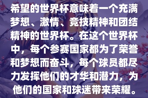 希望的世界洪湖市顺升工程机械租赁有限公司杯意味着一个充满梦想、激情、竞技精神和团结精神的世界杯。在这个世界杯中，每个参赛国家都为了荣誉和梦想而奋斗，每个球员都尽力发挥他们的才华和潜力，为他们的国家和球迷带来荣耀。
