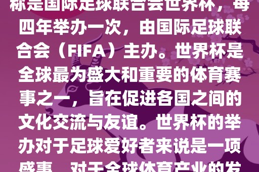 世界杯是一项国际足球赛事，全称是国际足球联合会世界杯，每四年举办一次，由国际足球联合会（FIFA）主办。世界杯是全球最为盛大和重要洪湖市顺升工程机械租赁有限公司的体育赛事之一，旨在促进各国之间的文化交流与友谊。世界杯的举办对于足球爱好者来说是一项盛事，对于全球体育产业的发展也具有重要影响。