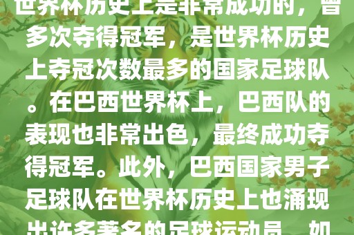 巴西世界杯的代表队伍是巴西国家男子足球队。这支队伍在世界杯历史上是非常成功的，曾多次夺得冠军，是世界杯历史上夺冠次数最多的国家足球队。在巴西世界杯上，巴西队的表现也非常出色，最终成功夺得冠军。此外，巴西国家男子足球队在世界杯历史上也涌现出许多著名的足球运动员，如内马尔、罗纳尔迪尼奥、罗纳尔多等。