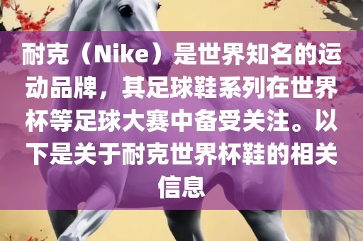 耐克（Nike）是世界知名的运动品牌，其足球鞋系列在世界杯等足球大赛中备受关注。以下是关于耐克世界杯鞋的相关信息